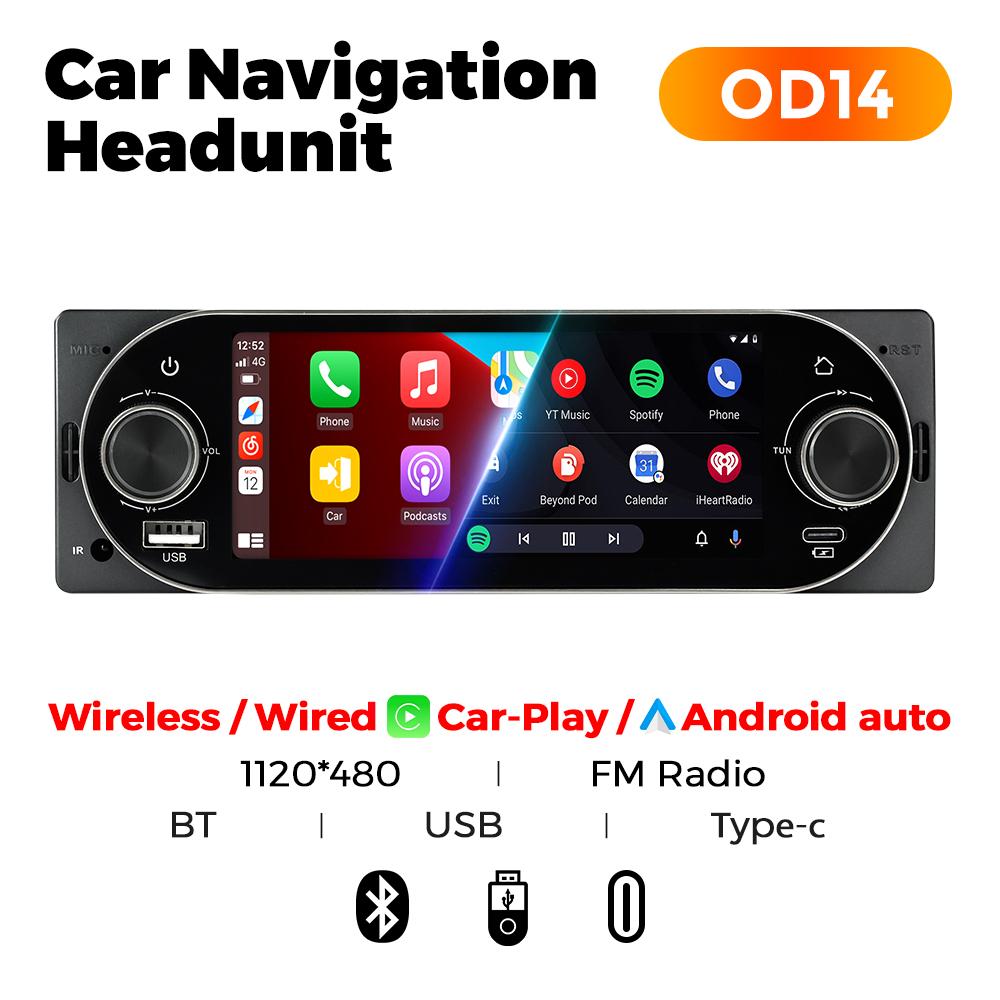 1DIN MP5 Dual-Knob Wireless Carplay Android Auto Car Radio for Universal 5.2 Inch HD Touch Srceen Video Player Smart BT Stereo