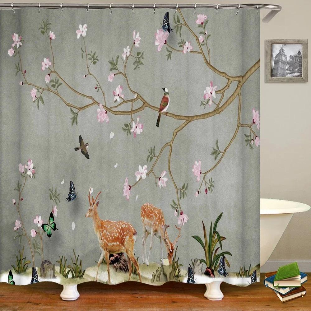 3D European Beautiful Flower Printing Bathroom Curtain Waterproof Polyester Shower Curtain Home Decoration Curtain With Hooks