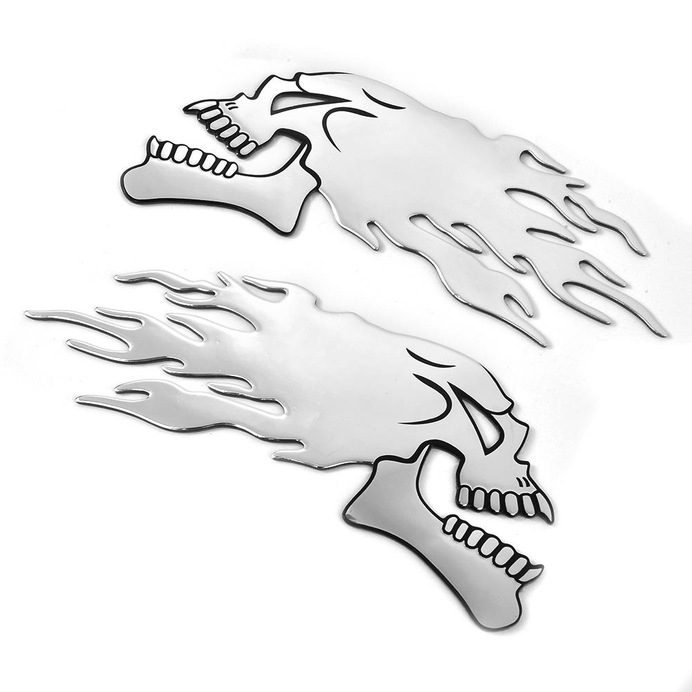 Motorbike Motorcycle Tank Car Sliver Flaming Skull 3D Gel Sticker Decal L/R Pair