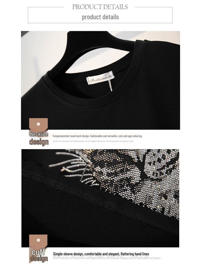 2024 Pure Cotton Women's Rhinestone Top - Mid-Length European Edition