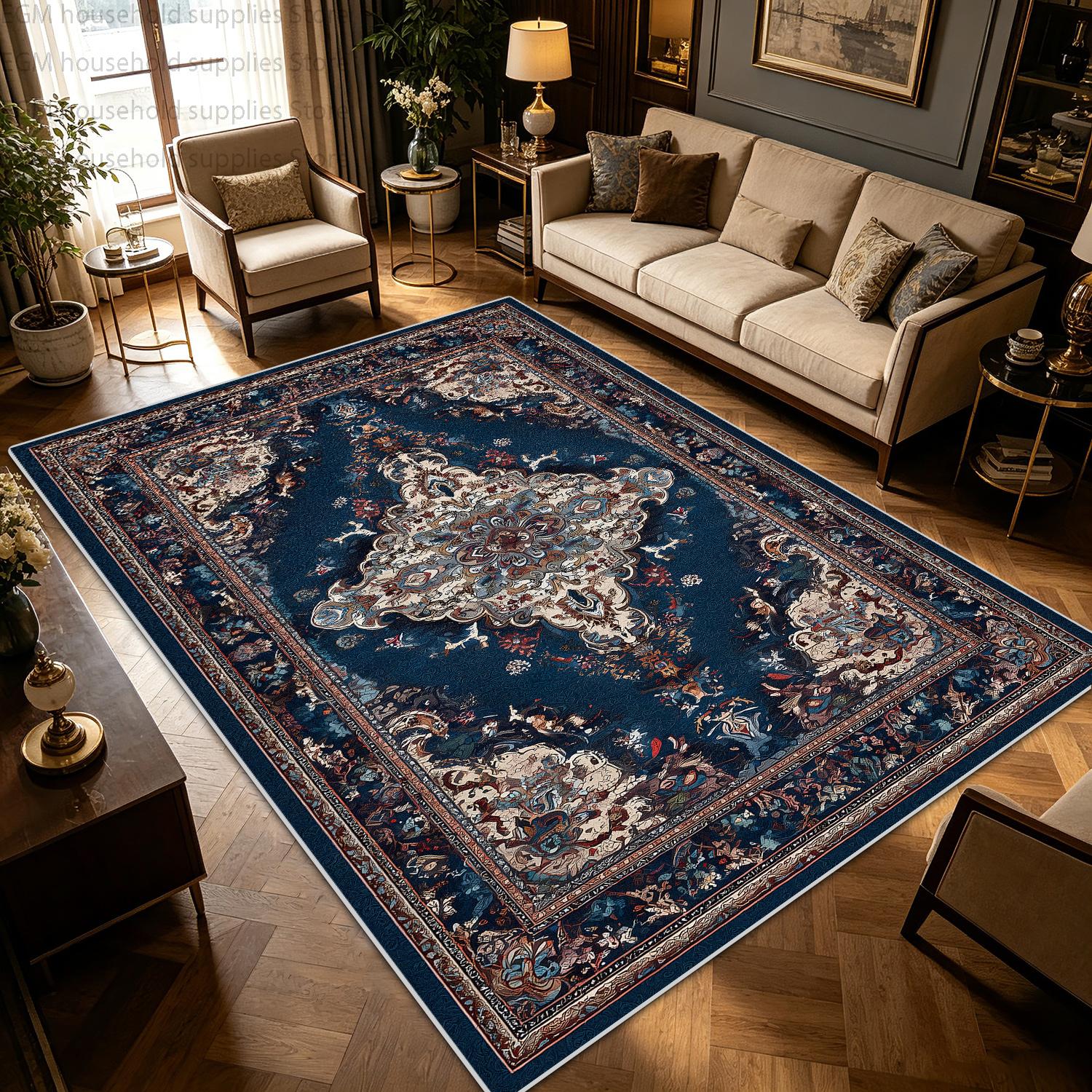 Retro Perzisch Blauw Gouden Tapijt Woonkamer Luxe Huisdecoratie Bank Salontafel Vloerkleed Pluizig Antislip Wasbaar Slaapkamer Vloermatten 1.9x2.9ft(60x90cm)