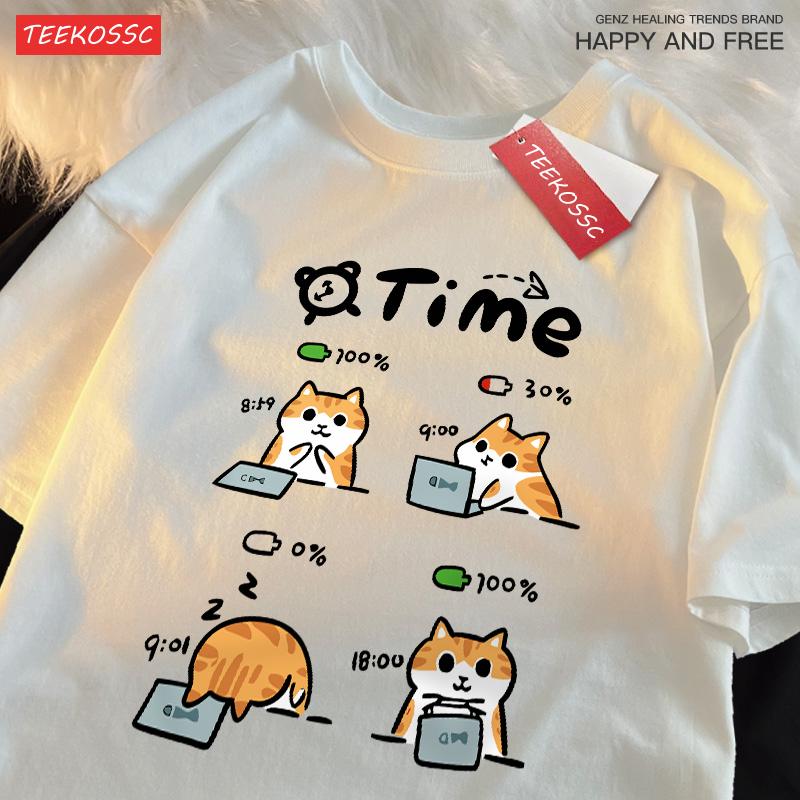 A Day When The Working CatS Battery Is Low Cotton Women TShirts Cartoons Prints T Shirts Loose ONeck Soft Tops Summer Clothes