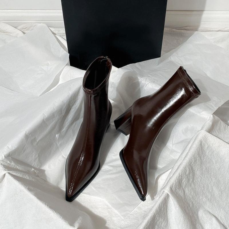 Autumn Winter Fashion Thick Heel Slim Ankle Boot Women Pointed Toe Zipper Shoes Mordern Short Booties  De Mujer