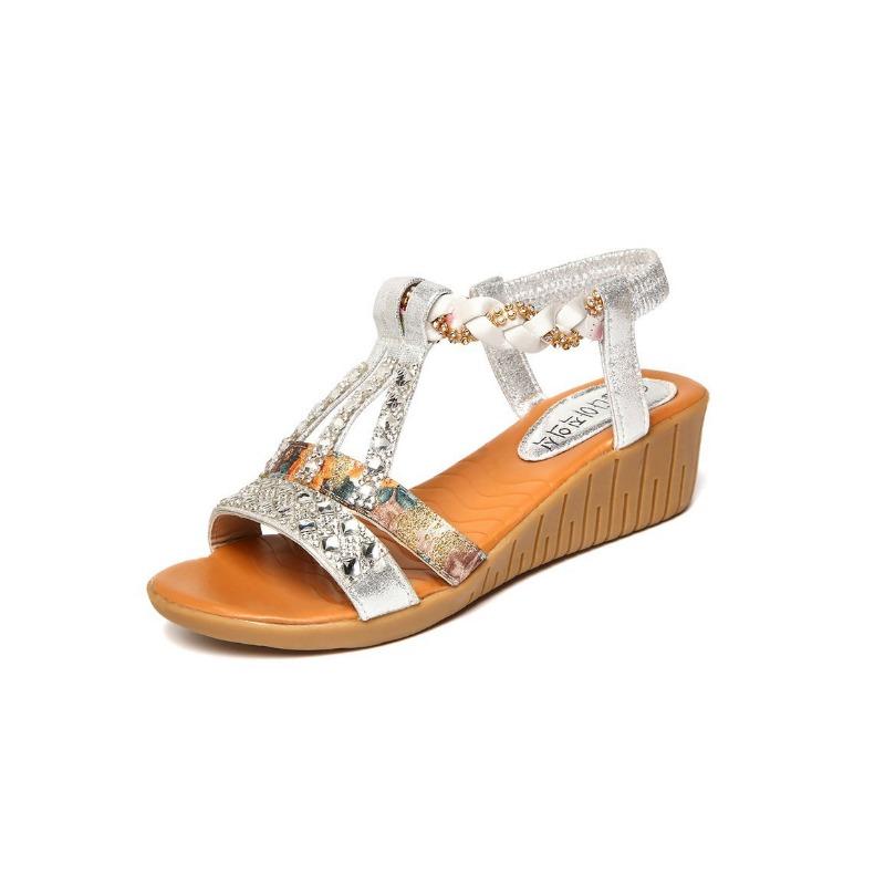 

20 spring and summer new open-toed wedge heel women s sandals-40 size rhinestone flat sandals 40