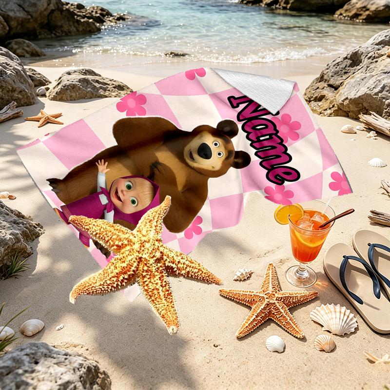 Asciugamano da Spiaggia Personalizzato con Nome Masha e Orso, per Viaggio Campeggio Festa in Spiaggia Decorazione Casa, Regalo di Compleanno per Famiglia e Amici