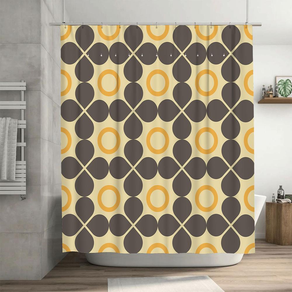 Modern Bath Shower Curtain With Geometric Circle Design In Dark Grey Yellow Perfect For Home Decor Bathroom Accessories!