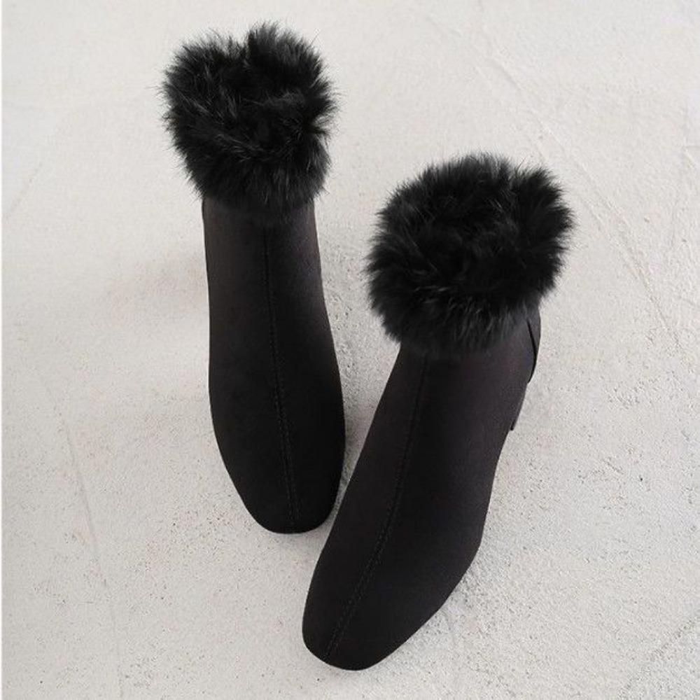Winter Comfortable White Black Women Ankle Boots Rabbit Fur  Heels Lady Casual Shoes