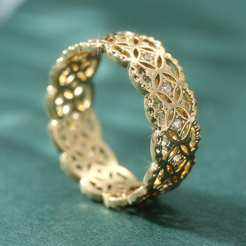 Minimalist Inlaid White CZ Women's Ring Trendy CopperColor Hand Carving Hollow Daily Wear Party Jewelry Anniversary Gift