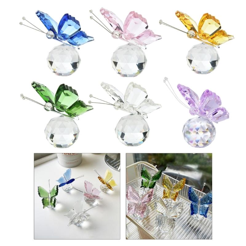 Crystal Butterfly Figurines with Glass Ball Base Glass Butterfly Statues Crystal Animal Figurine for Home Ornament Decor