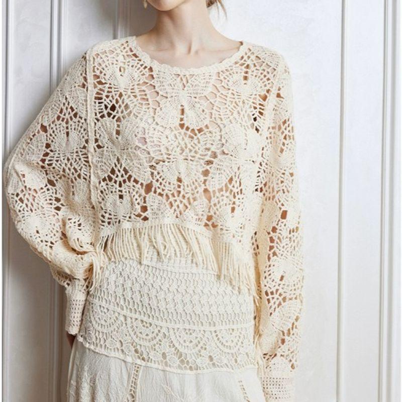 And American Autumn New Round Neck Crocheting Butterfly Hollow Tassel Short Loose Long Sleeve All-Match Cover Up Sun Protection Clothing Women