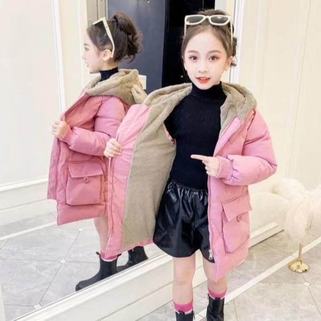 Girls Hooded Plus Velvet Thicken Outerwear Winter Warm Coats Parkas Jacket Cute Solid Down Jackets Kids Casual Clothes