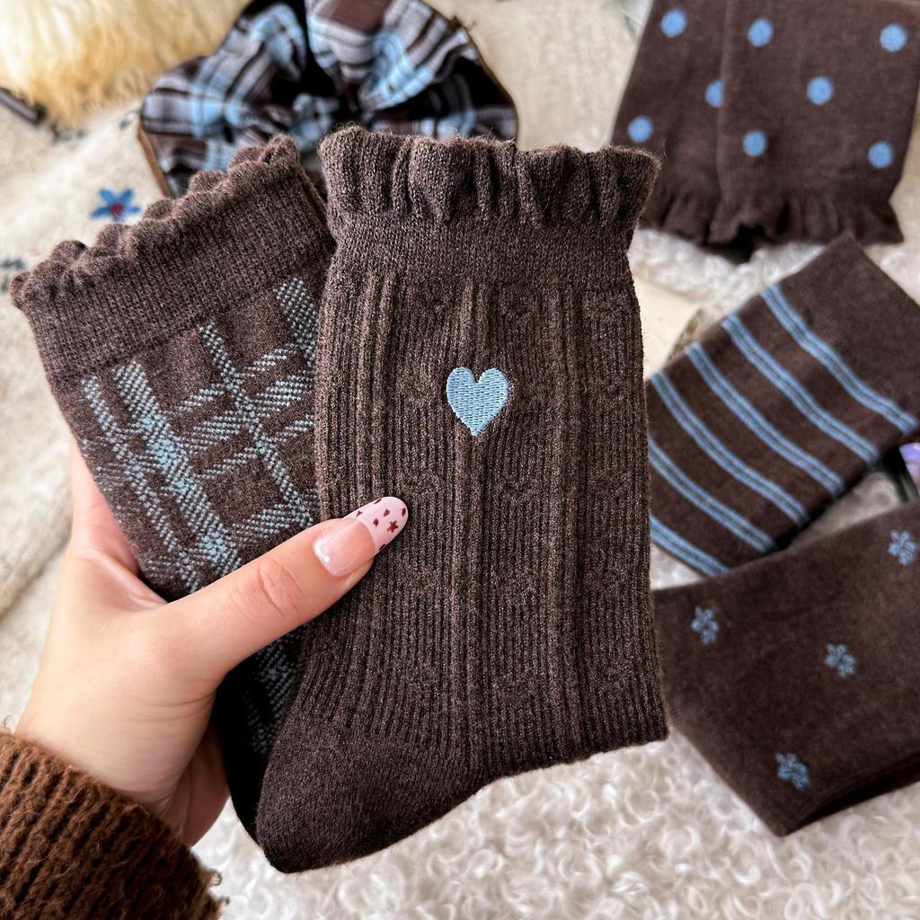 Female Winter  Thickened Warm Love Stripe Broken Flowers in The Tube Pile Socks