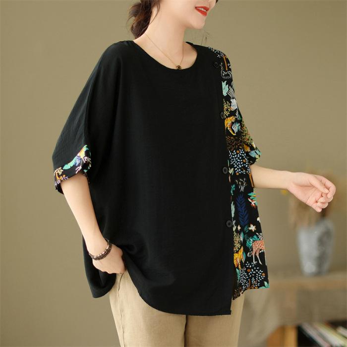 Vintage Print Patchwork Tops Summer Short Sleeve Irregular Loose Plus Size Casual T Shirts Fashion Elegant Women Clothing