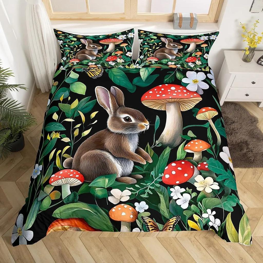 Mushroom Forest Animal Duvet Cover Set, Vintage Botanical Wildlife Bedding, 3D Printed Soft Microfiber Quilt Cover Pillowcase