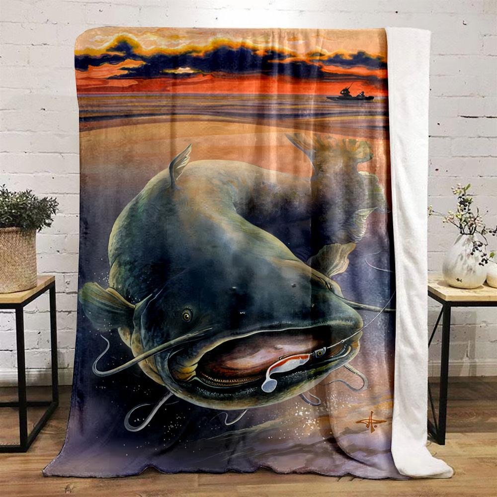 Giant Catfish Fishing Sunset Blanket bedroom Blanket for Livingroom Couch lunch break Soft throw for Friend's festival Gift
