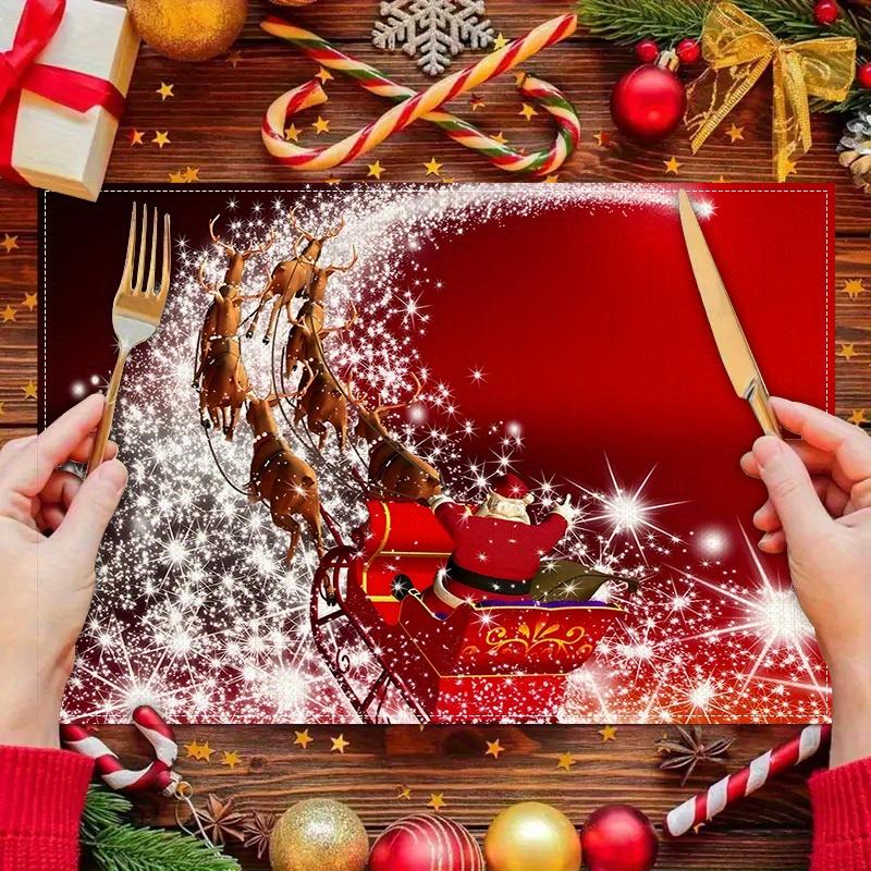 2/4pcs Christmas Theme Santa Claus Sleigh Reindeer Print Placemats, Family Kitchen/Heat-Resistant Placemats, Tabletop Protection, Kitchen Dining Table