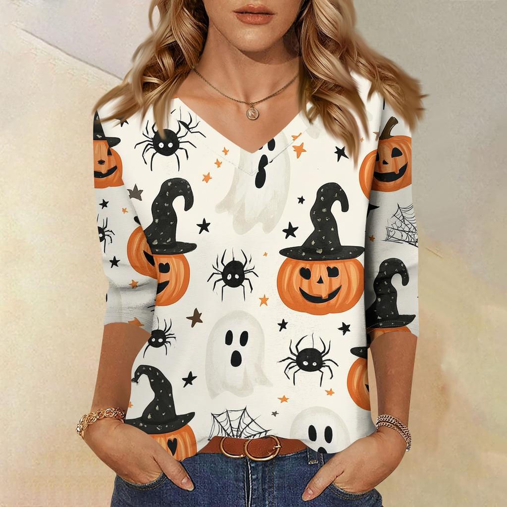 Women's Casual Halloween Print V Neck Three Quarter Sleeve Top Lightweight Soft Fabric Comfortable Fit