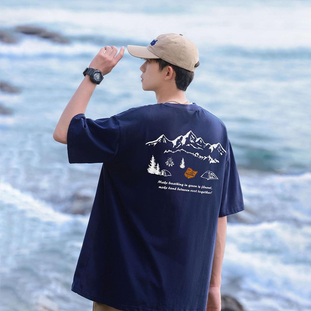 Męska luźna koszulka z krótkim rękawem, ciężka, wykonana z czystej bawełny