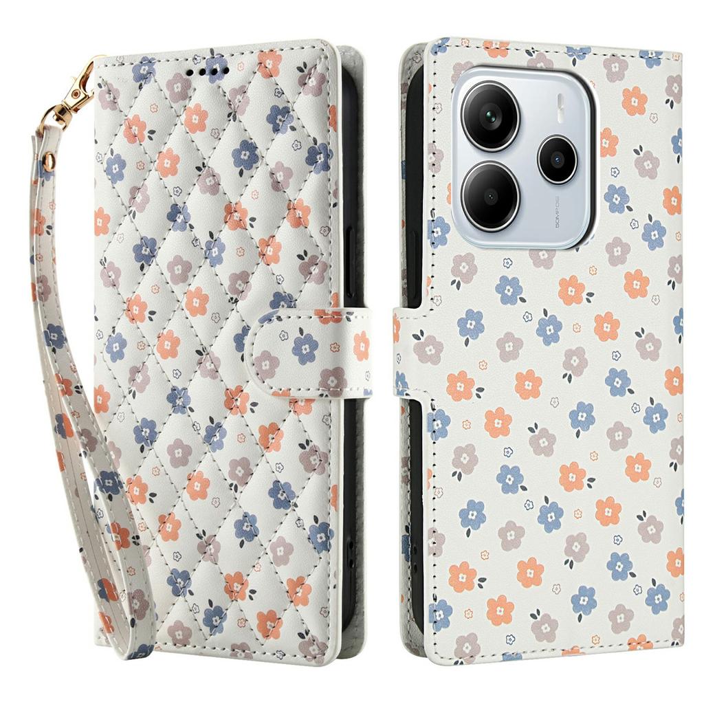 For Xiaomi Redmi Note 14 4G (163.25mm) Wallet Case Rhombic Floral Design Leather Flip Phone Cover with Strap