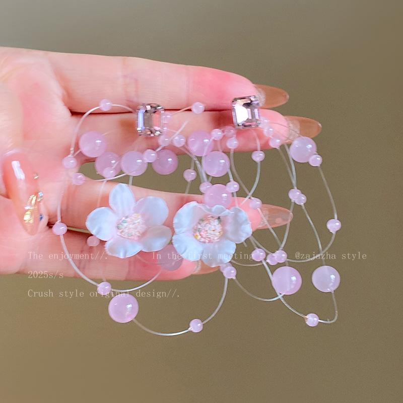Glass beads flower fringed earrings summer dopamine sweet stud earrings temperament atmosphere earrings women