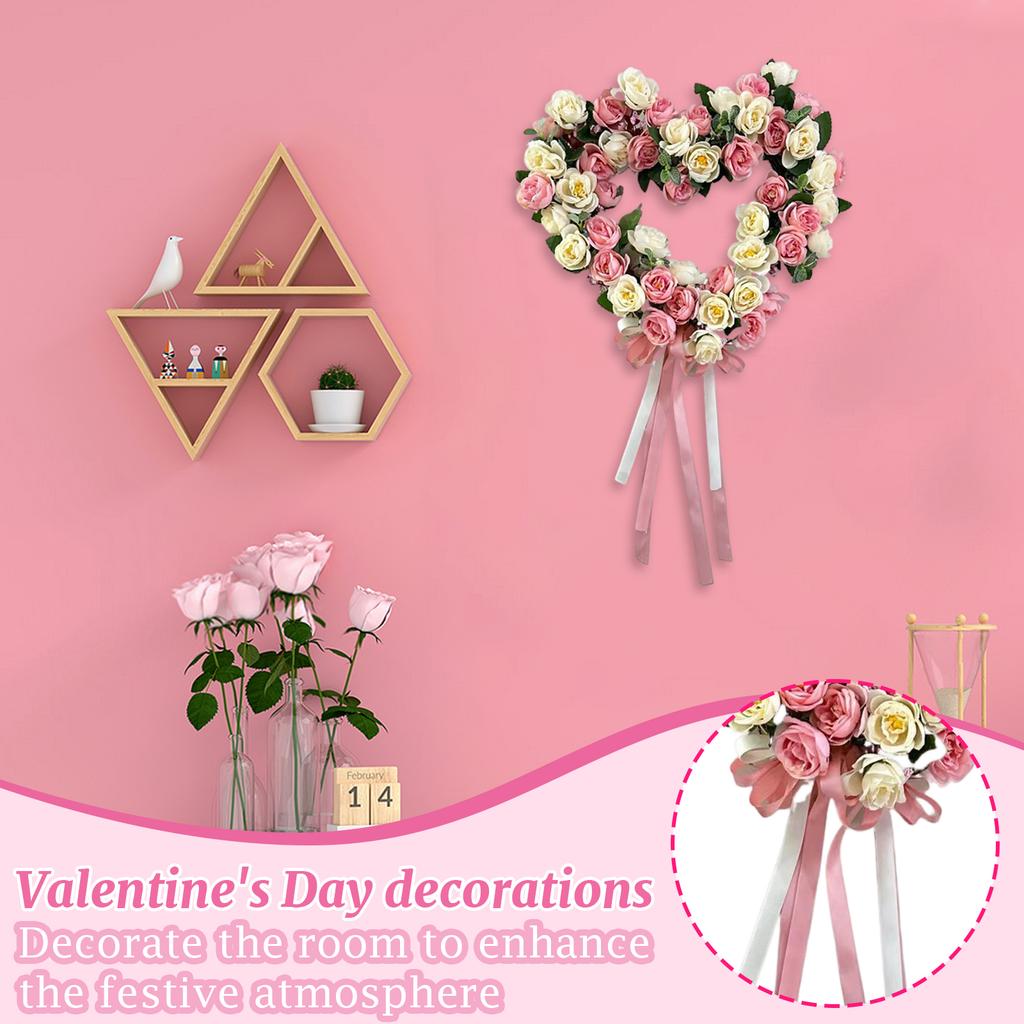 Romantic 35cm Heart Shaped Wreath Wedding Artificial Rose Door Hanger Valentine Pink White Double Ribbon Wall Decor