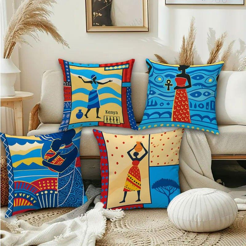 African Tribal Art Pillow Covers, Kenya Egyptian Inspired Decorative Throw Pillow Cases, Afrocentric Home Decor Cushion Covers