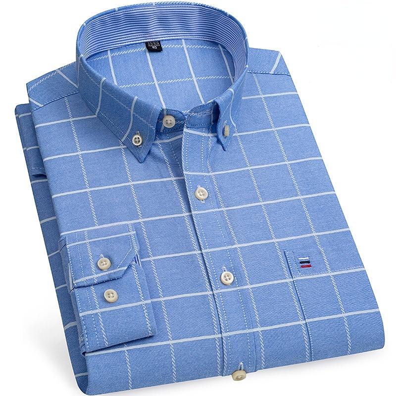 New Size S -7XL Blue Men Shirt Long Sleeve 100% Cotton Oxford Soft Comfortable Regular Fit Quality Business Man Casual Shirts