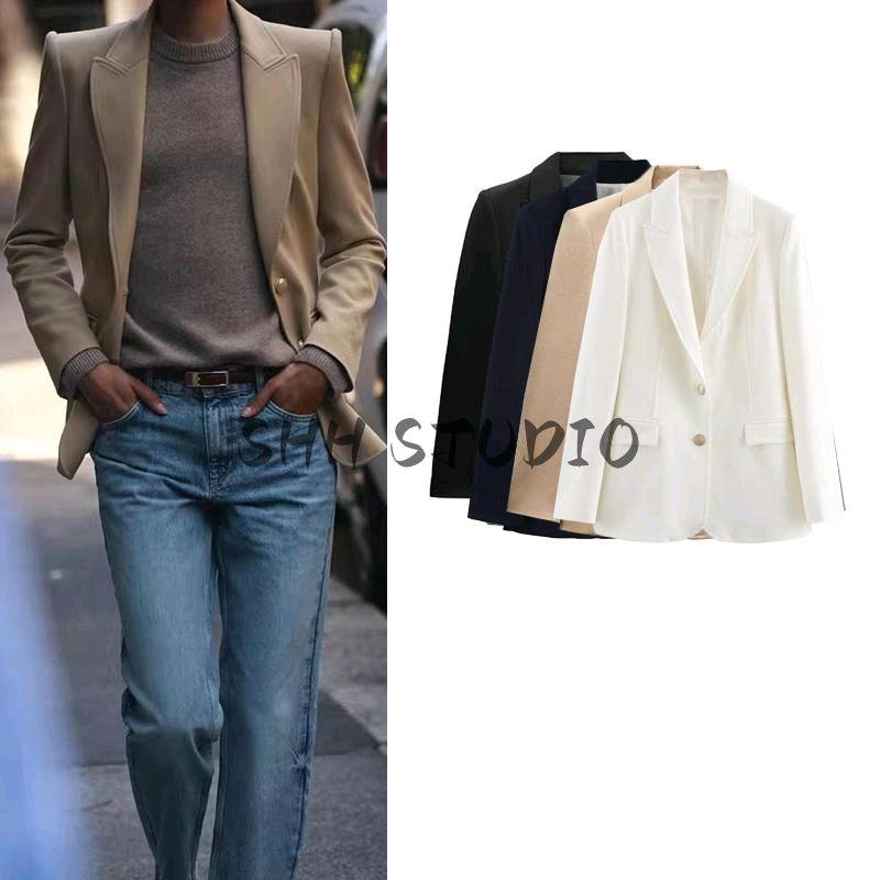 Spring New Women's Clothing Business Style Flip Pocket Decoration Metal Breasted Silm Suit Outwear 8635555