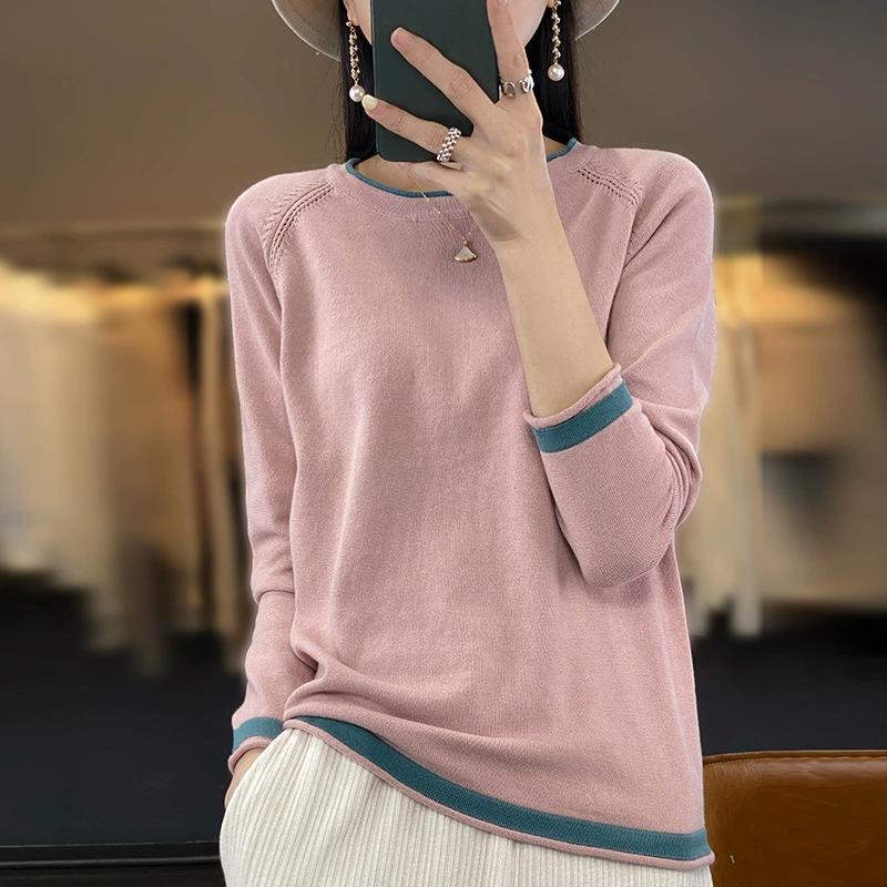 Knitwear Women's Round Neck Sweater Spring Loose Color Matching Cotton and Linen Bottoming Shir