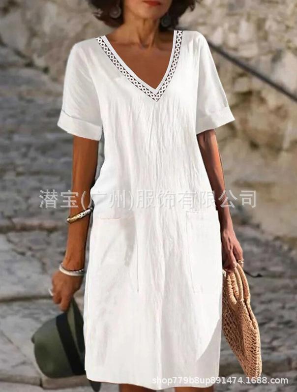 New European and American women's clothing solid color cotton and linen lace short-sleeved summer hot-selling dress