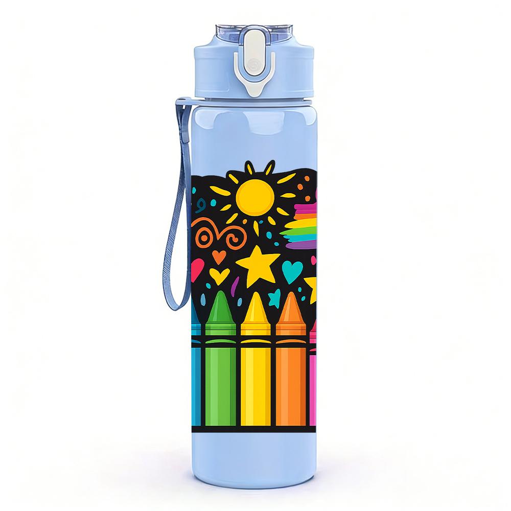 1PC Color Crayon Box Layout 750ml Color Plastic Sports Water Bottle Leakproof Flip Straw Lid For Sports Office Home Use