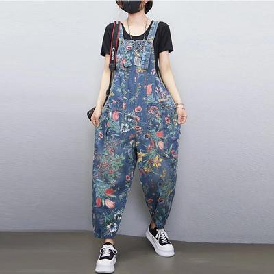 Mode Streetwear Print Floral Denim Overall Frauen Beiläufige Lose Breite Bein Hosen Strampler Große Größe Taschen Straps Jeans Overalls