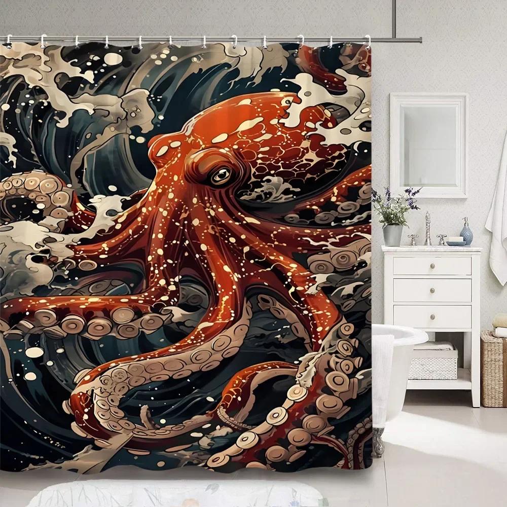 Horror Sea Monster Octopus Shower Curtain Dark Sailboat Ocean Vintage Pirate Ship Wave Polyester Shower Curtains Bathroom Decor