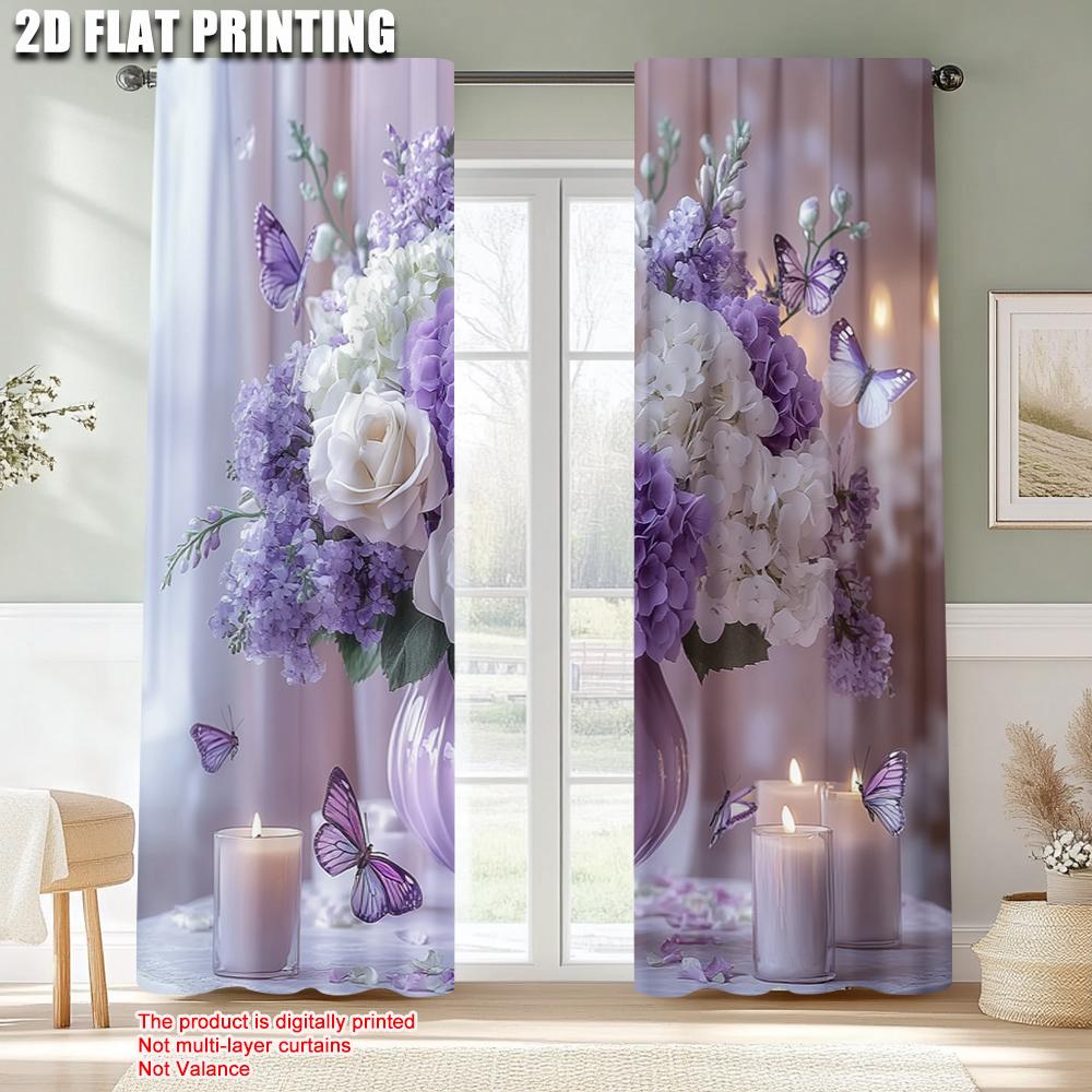 2pcs   Light Filtering Curtains 2D print Wedding Purple Flower-Butterfly Versatile 100% Polyester (without rod) Gifts Ldeal for