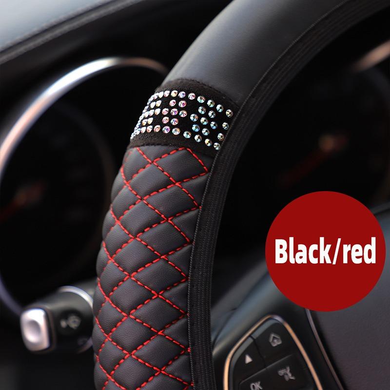 Summer Winter Car Steering Covers 37-38cm Steering Wheels PU Leather Embroidered Inlaid Rhinestones Elastic Steering Wheel Cover