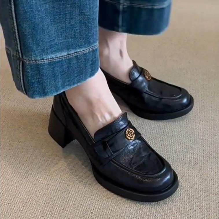 Washed horse leather~ Leather high-heeled loafers for women's spring and autumn new temperament single shoes with one foot on British style smal