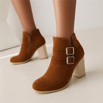 FOREADA Women Ankle Boots Round Toe Chunky High Heels Buckle Zipper Short Boots Concise Lady Fashion Shoes Winter Black Brown 43