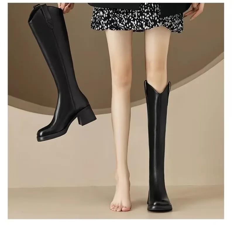 Nové žhavě prodávané dámské kozačky Zip Silné vysoké podpatky Jednoduché Silné vysoké podpatky Podzimní a zimní kozačky Ke kolenům Zapatos