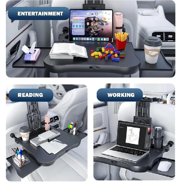 Erweiterbarer Auto-Rücksitz-Schreibtisch für Laptop & Essen, mit rutschfester Matte & Gerätehalter. Perfekt für Arbeit/Essen