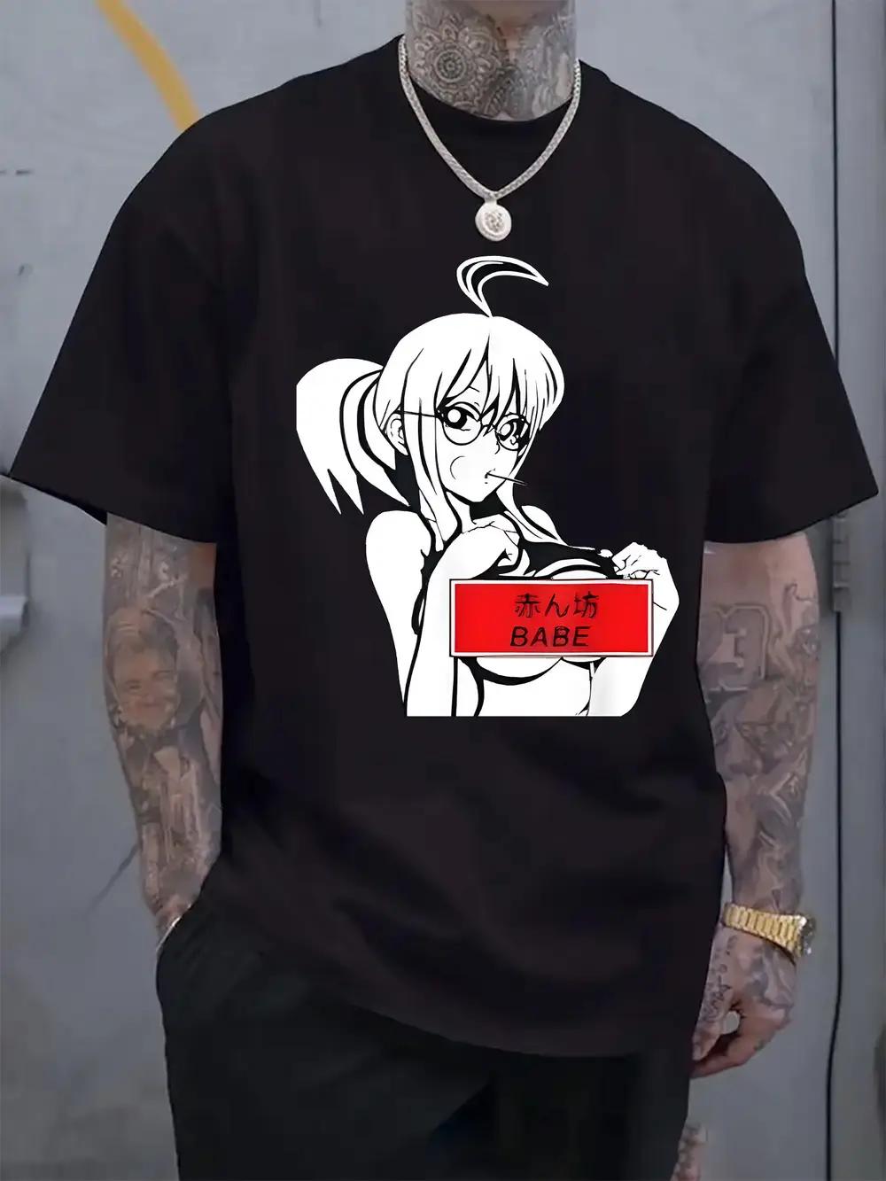 

Casual Crew Neck T-shirt with Anime-Style Print - Black XXXXL