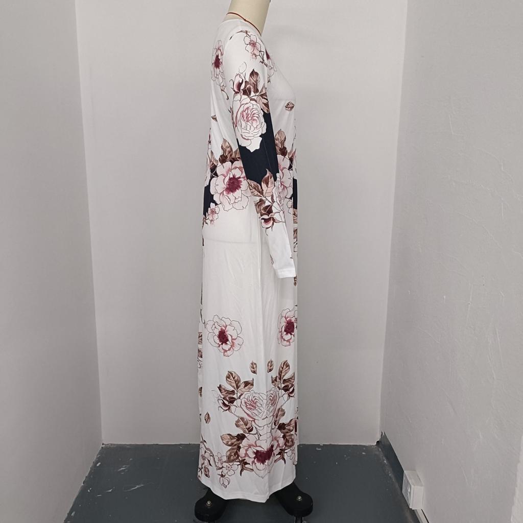 Women's Long Sleeve Round Neck Printed Pocket Long Elegant Dress