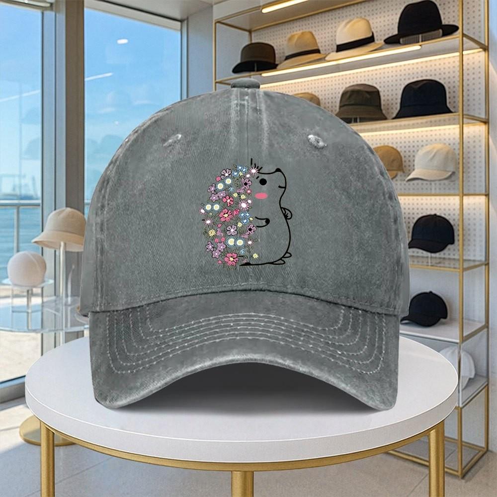 Hedgehog Floral Print Washed Baseball Cap Adjustable Cotton Twill Casual Outdoor Cap Unisex