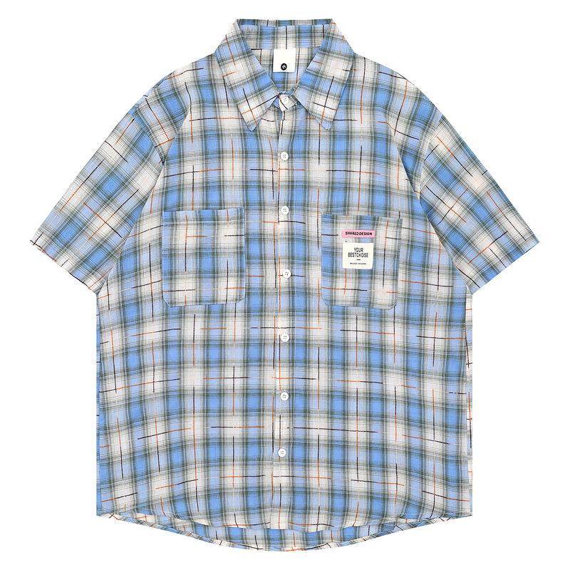 American retro blue lazy plaid short-sleeved shirt men s and women s same summer Vintage lapel plaid shirt S синий