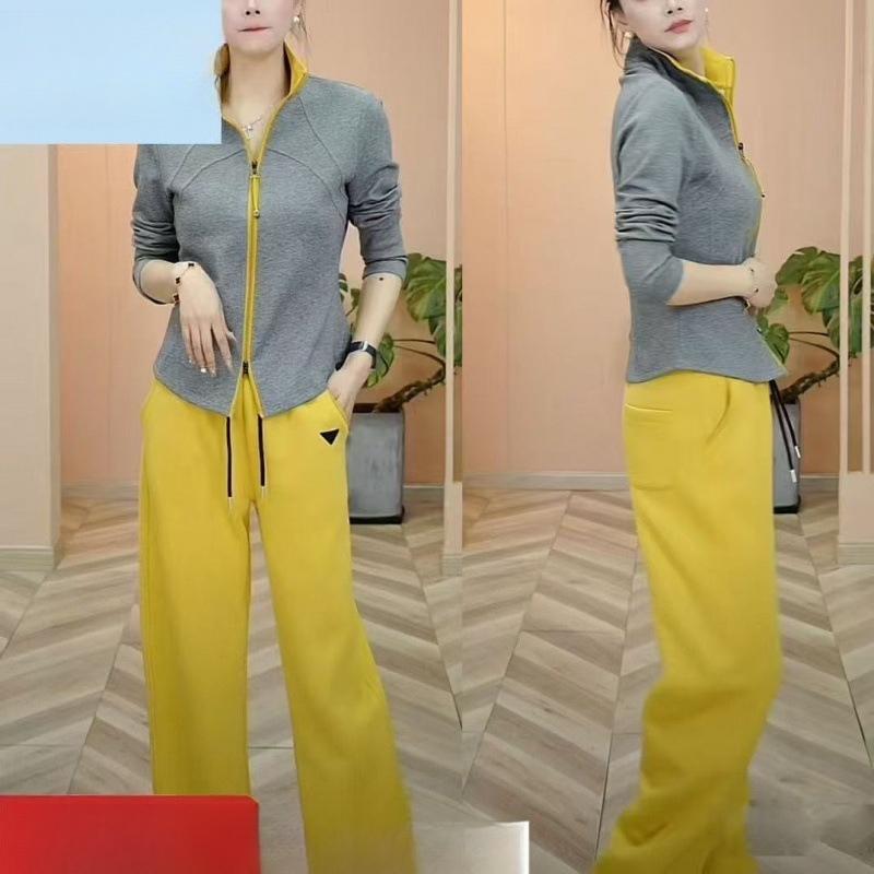 Spring Fashionable Casual Sports Suit, Western-style Stand-up Collar, Long-sleeved Top, Straight-leg Trousers Two-piece Set