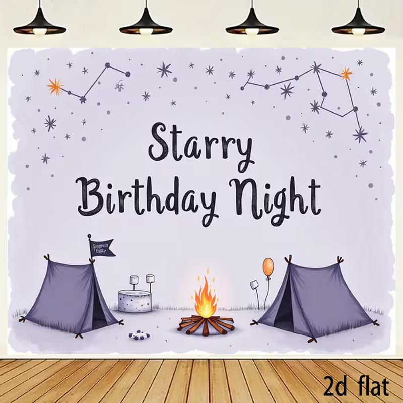 2D Lavender Starry Camping Birthday Backdrop, Campfire Tent Photo Background 47.2x31.5inch/120*80cm