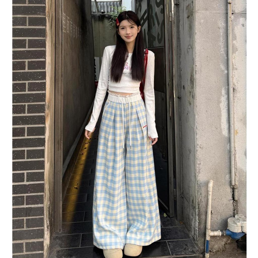 Dopamine Blue Women's High Waist Plaid Wide-Leg Trousers - Spring/Summer