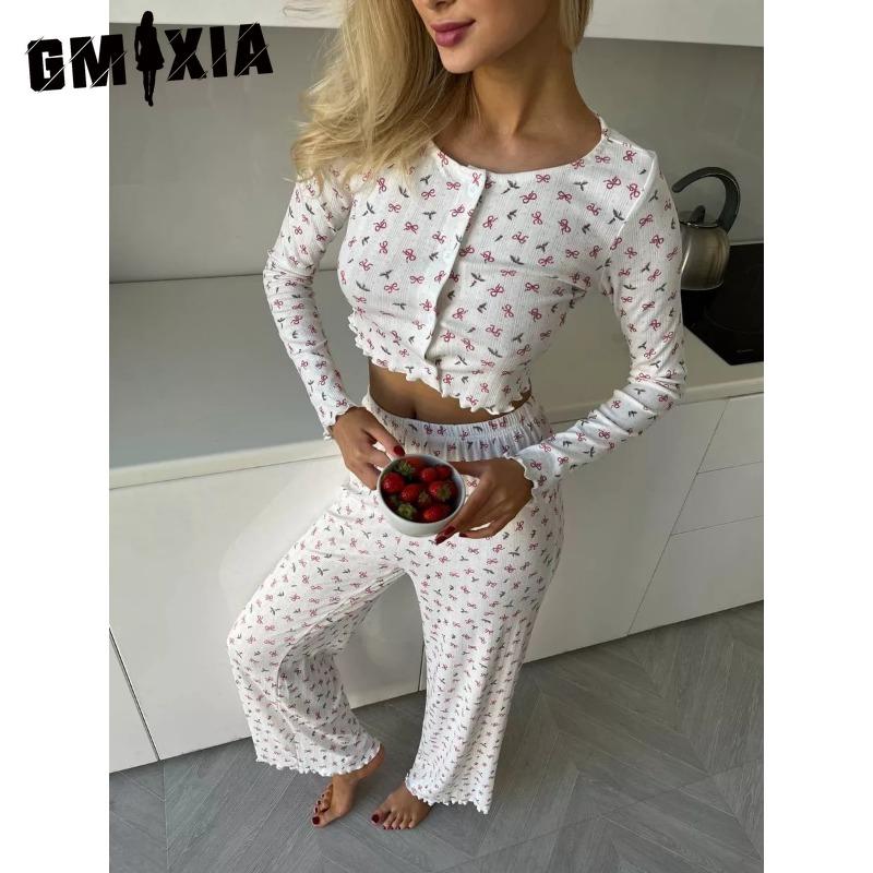 

GMXIA Autumn/Winter Knitted Designer Cotton Printed Long Sleeve Trouser Set S