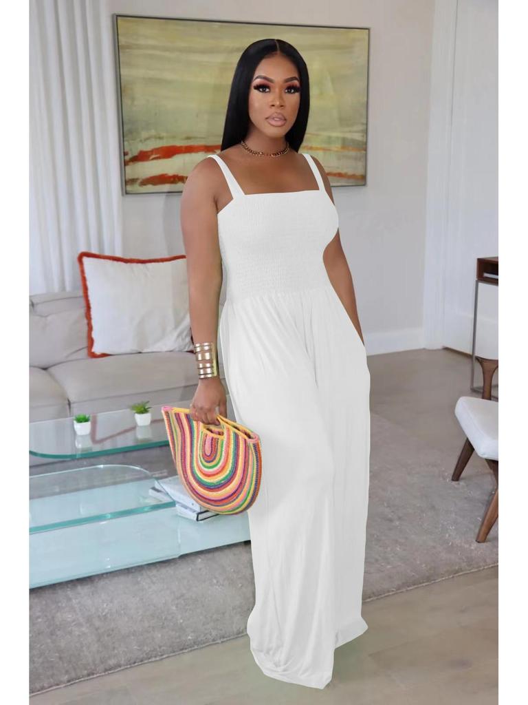 European & American Women's Solid Color Wide-Leg Suspender Jumpsuit