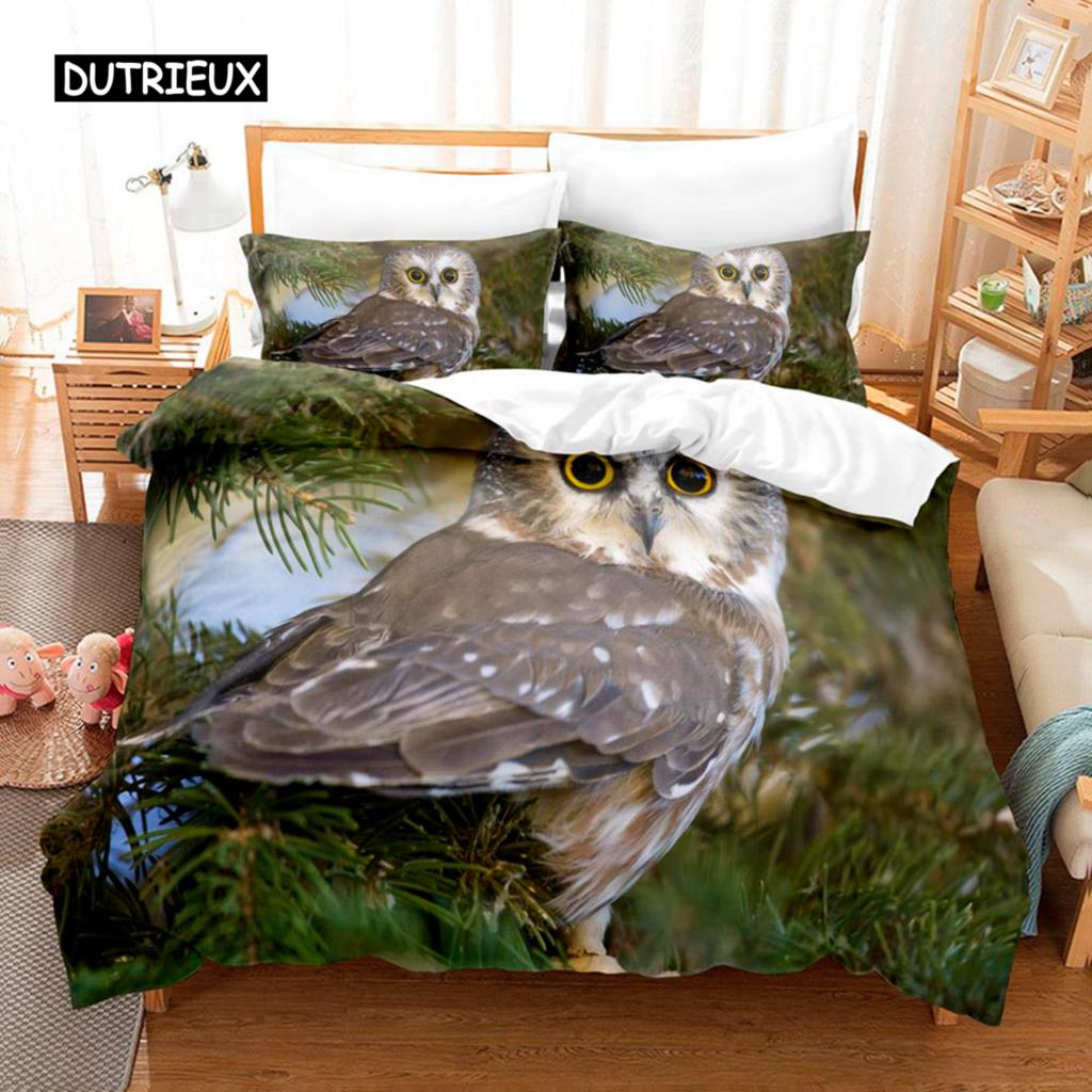 Owl Duvet Cover Set Microfiber Cute White Owl Comforter Cover Bird Animal Quilt Cover for Boys Teens Adults Double Queen Size