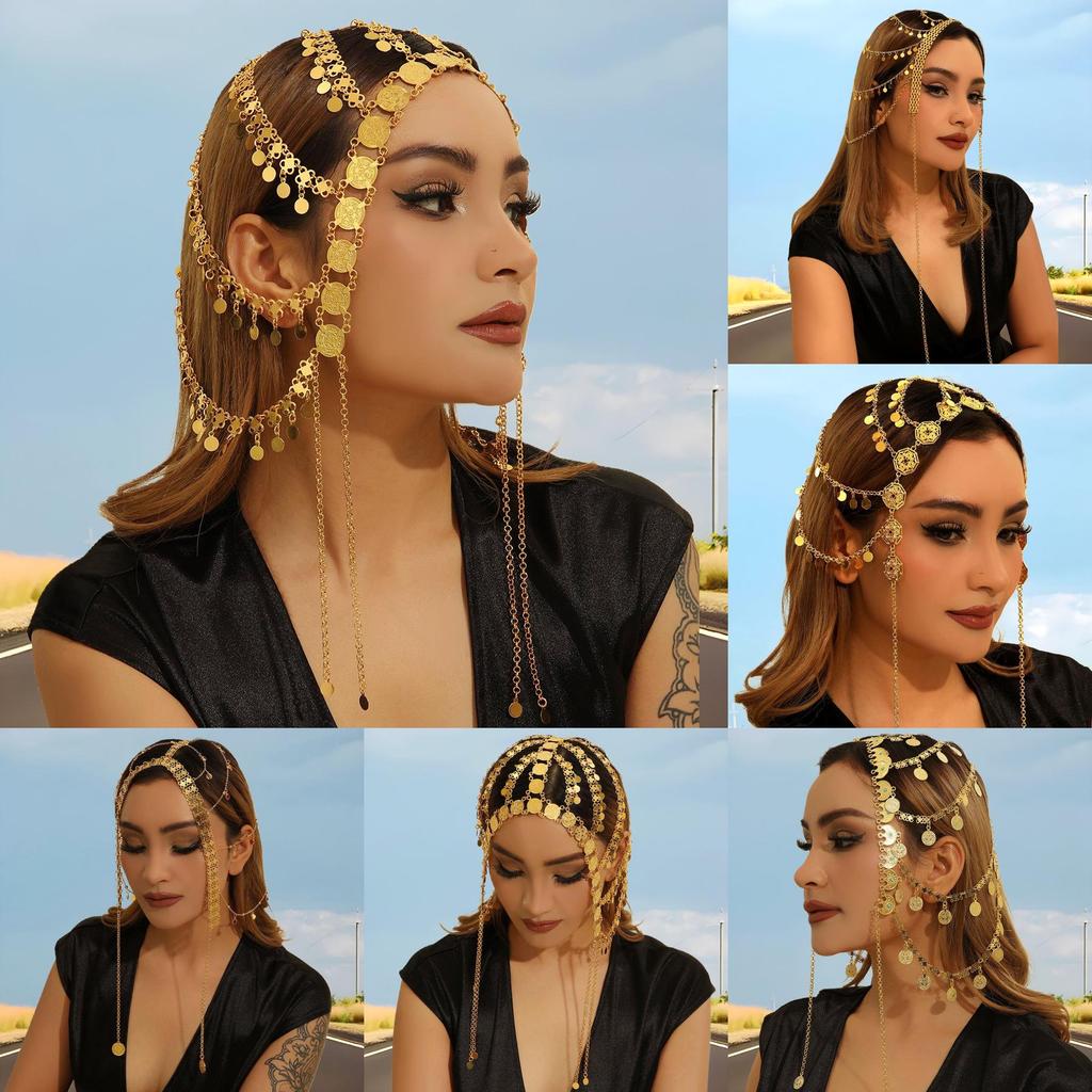 Middle Style Eastern Golden Headpiece With Tassels And Coin For Travel Holiday